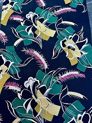 Miami Beach Dynamite Art Deco Abstract Magnolias Black Barkcloth Vintage Fabric • $59.99