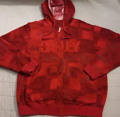 Men's Lg Oakley Red Distressed Patch Spellout Full Zip Hoodie • $21.50