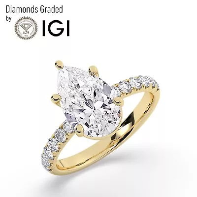 IGI 2.00 CT Solitaire Lab-Grown Pear Diamond Engagement Ring 18K Yellow Gold • £1434