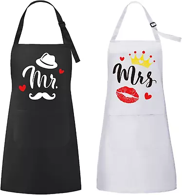 ROSEMO 2 Pack Mr And Mrs Couples Aprons Set Adjustable Matching Couples Cooking • £14.46