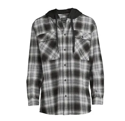 Mens Hooded Flannel Shirt Shacket Jacket Black And White LARGE NEW • $17.98