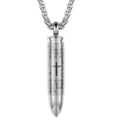 Cross Pendant Necklace Lord's Prayer BULLET Chain Silver Plated English Men • $5.49