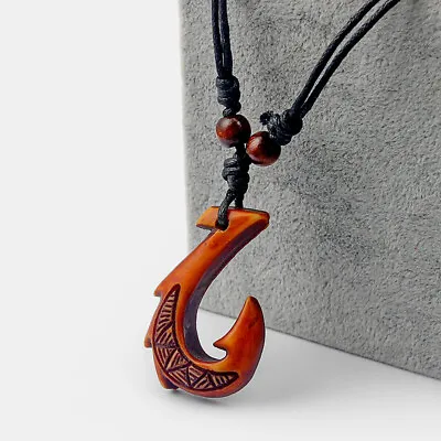 1PCS Imitate Yak Bone Brown Maori Fish Hook Pendant Wax Cord Necklace • $3.89