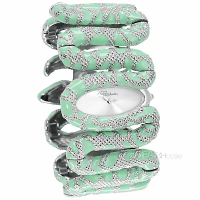 Roberto Cavalli Womens Cleopatra Snake Watch Mint Green Enamel Silver Oval Dial • $66.03