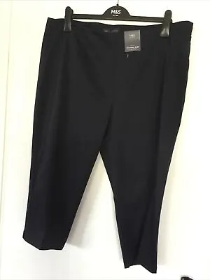 M & S Cropped Slim Navy Trousers Cotton Stretch Mid Rise Size 20 Short BNWT • £9.99