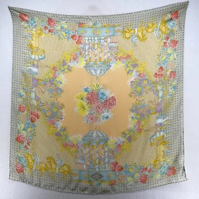 ATELIER VERSACE Scarf Silk Horse Floral Print Square 34  X 34  Yellow Gray • $87.20