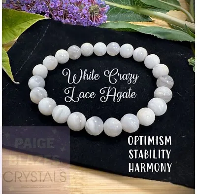 Crystal Healing Stones White Crazy Lace Agate Hand Crafter 8mm Beaded Bracelet • £5.99