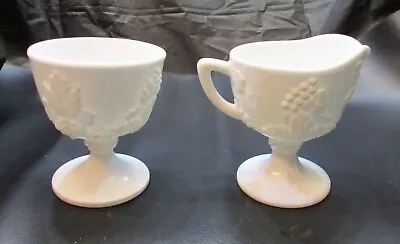 Vintage Indiana Colony Harvest Grape White Milk Glass Pedestal Creamer Sugar Set • $25