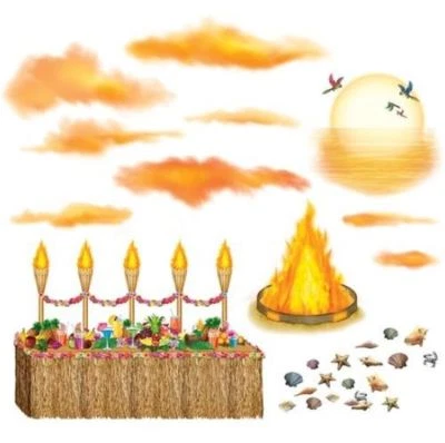 £3.49 • Buy HAWAIIAN TROPICAL ISLAND BEACH SCENE SETTER SUNSET PROP Tiki Stick On Decor Fire