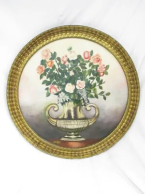 Vintage Round Oil Painting Still Life 1930's Roses In Urn Gold Frame 28  Floral • $295