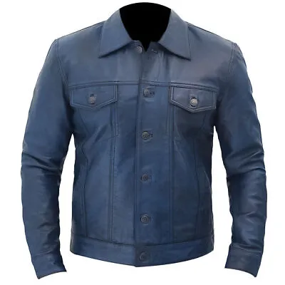 Men’s Vintage Cafe Racer Biker Motorcycle Blue Real Leather Jacket • $109.95