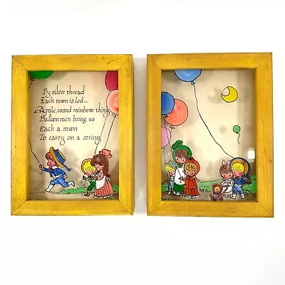 Vintage Decor Shadow Box Pair Children Playing Balloons 8 X 6  Kids Room • $15.30