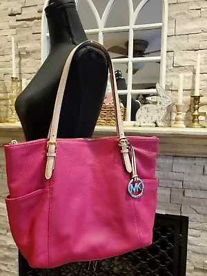 Michael Kors Jet Set Satchel Hot Pink Leather Top Zipper Tote Bag Women’s Purse • $65