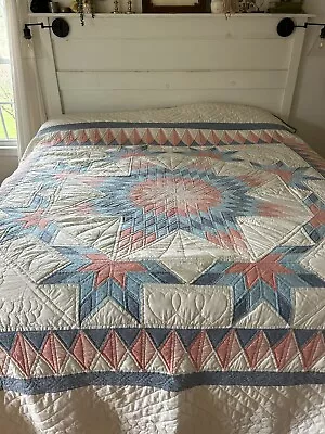 Vintage Handmade Quilt Lone Star  Hand Quilted Stitched! Royal Michigan 94X110 • $247.98