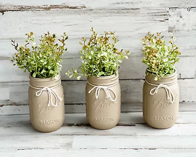 Set Of 3 Neutral Brown Hand-painted Mason Jar Table Centerpieces • $30