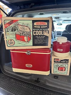 Vintage 70s Thermos Red Metal Cooler With Matching Picnic Jug And Original Boxes • $101