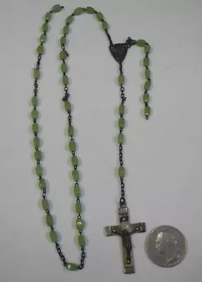 Antique Vtg Rosary Parts Virgin Mary Center Medal Green Glass Beads Mop Crucifix • $25