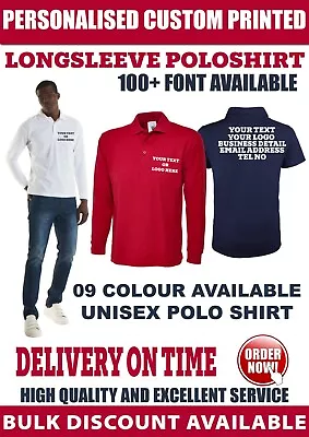 Personalised Custom Printed Long Sleeve Polo Shirt Text Logo Unisex Workwear  • £14.99
