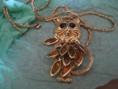 Vintage Gold Toned  Cat Pendant Necklace-chain 25”-orange Dangles • $39.99