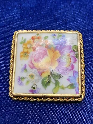 Hand Painted Limoges Porcelain Floral Brooch In Decorative Gold Tone Frame 1.5” • £57.85
