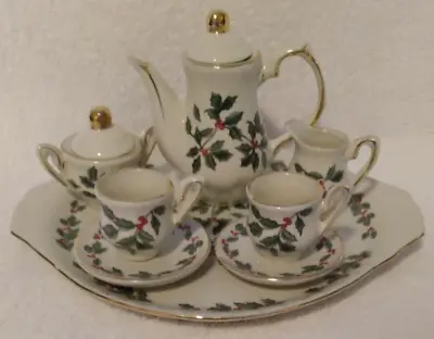 Mini Tea Set 10 Piece Christmas Holly Berries Baum Brothers Ivory & Gold NEW • $15.99