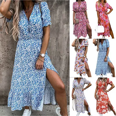 $17.95 • Buy Womens Summer Short Sleeve V-Neck Floral Dresses Casual Split Maxi Long Sundress