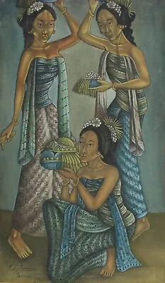 BALI UBUD Painting Three Women Signed SUNAWA TAMAN 1950's Balinese Painting • $797.31