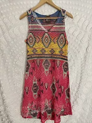 Vocal Sleeveless Aztec Print Dress Women’s Small Embellished AOP Pink Yellow • $29