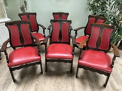 6 Rare Victorian Arts And Crafts Carver Chairs Red Leather & Carved Oak • £950