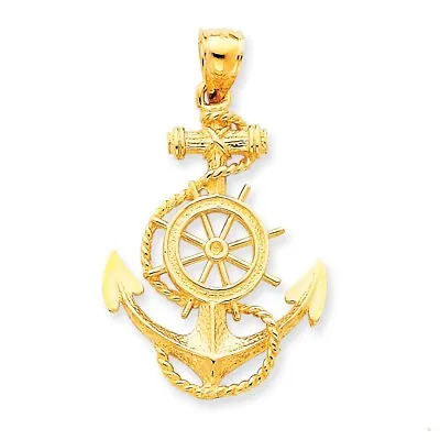 Men's Ladies 14K Yellow Gold Polished Large Anchor W/Wheel Pendant For Necklace • $395