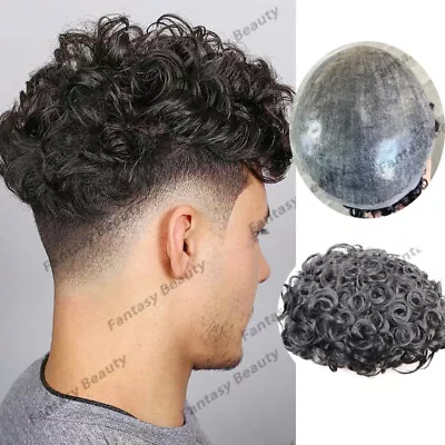 24mm Curly Men Toupee Durable Injected Full Pu Base Male Human Hair System Piece • $138.98