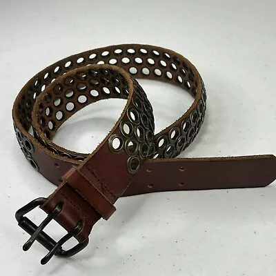 J.Crew Leather Belt Women Large Brown Brass Grommet Double Prong Buckle 1.5 Wide • $29