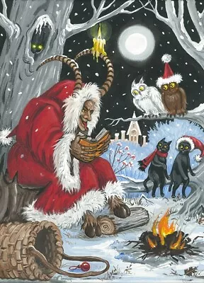 ACEO PRINT OF PAINTING RYTA KRAMPUS BLACK CAT GERMANY Xmas Folk Art Landscape 🎄 • $7.49