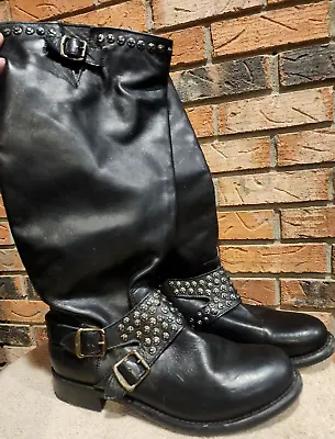 FRYE Womens Jenna Studded Black Tall Leather Motorcycle Boots With Buckles • $145.99