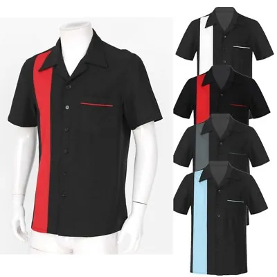 Men Bowling Shirt Short Sleeve In Black Red Grey Vintage 50s Rockabilly Retro • £7.07