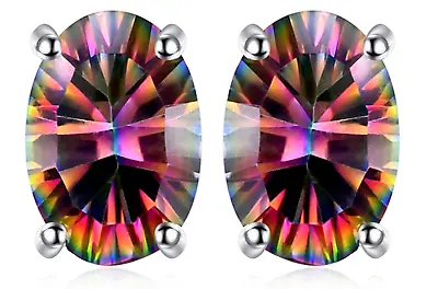 1.5ct Natural Fire Rainbow Mystic Topaz Stud Earrings Oval 925 Sterling Silver • $12.99