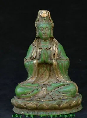 5'' Old China Green Jade Gilt Kwan-yin GuanYin Quanyin Goddess Statue Sculpture • $129