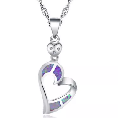 Exquisite Silver Purple Simulated Opal Inlay Sideways Heart Pendant Necklace  • $0.43