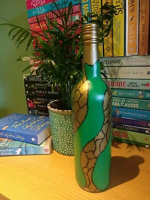 Hand Painted Tall Glass Bottle Home Table Centerpiece Flower Vase Green/Gold • £5.10