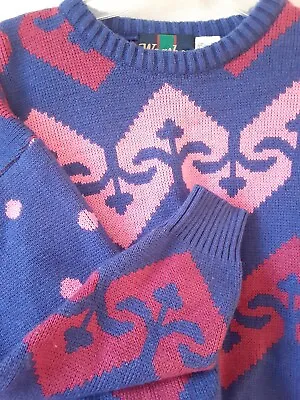 Vintage 80/90s Hearts Ski Sweater Pink/Fuchsia Blue Purple Vibrant Acrylic • $25