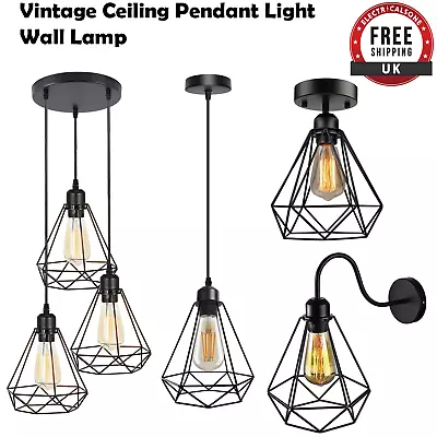 Vintage Ceiling Light Pendant Lamp Metal Black Cage Shade Retro Flush Wall Light • £45.59