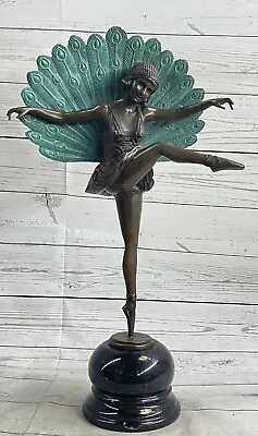 NEW ART DECO Bronze Marble Nude Belle And Peacock Sculpture Marble Base Figurine • $249.50