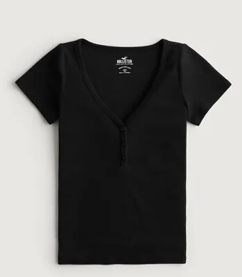 Hollister Short Sleeve Black V Neck Henley Button Shirt Women Small New • £18.34