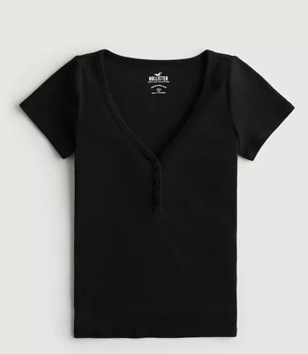 Hollister Short Sleeve Black V Neck Henley Button Shirt Women Xs  New • £17.37