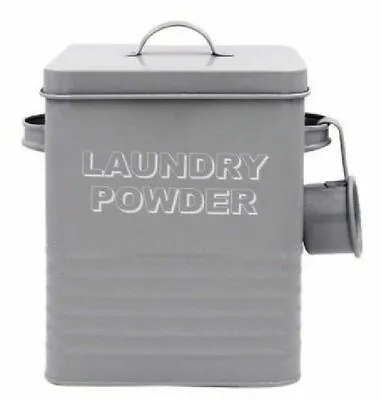 Laundry Powder Storage Tin Caddy Box In Grey Painted Metal With Scoop & Lid Home • £29.99