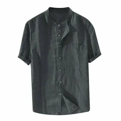 Mens Grandad Linen Short Sleeve Shirt Smart Casual Plain Contrast Tee Top • £11.76
