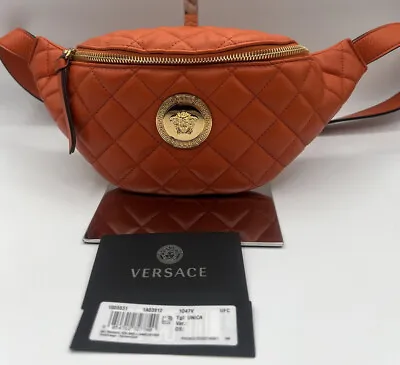 NWT Versace Medusa Dark Orange Quilted Lamb Leather Belt /Waist/Body Bag Italy • $1237.93