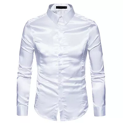 Men's Satin Luxury Dress Shirt Slim Fit Silk Casual Party Long Sleeve Shirts • £19.19