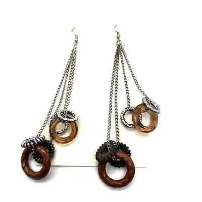 Chained Rings Dangle Pierced Earrings - Steampunk Gear-like  - 4 3/4  • $9.99