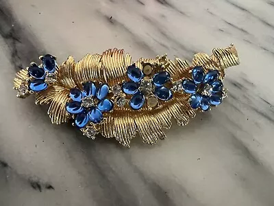 Vintage Ann Miller Signed Gold Metal And Blue Cabochon Flowers Brooch - B73b • $34.99